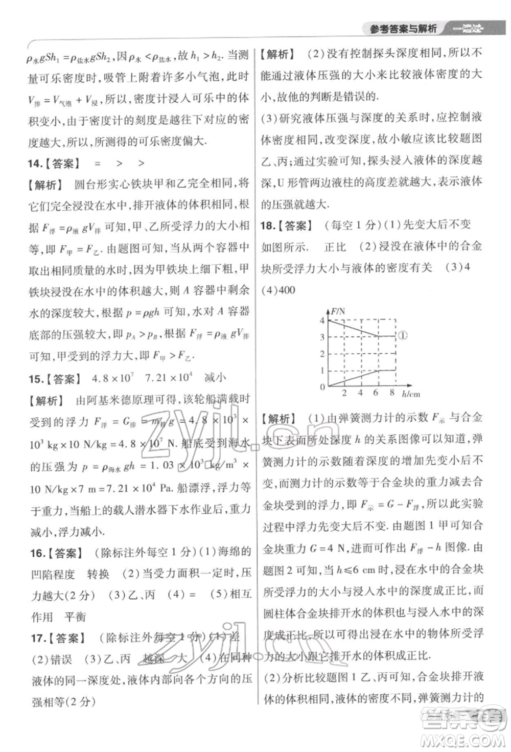 南京師范大學(xué)出版社2022一遍過(guò)八年級(jí)物理下冊(cè)蘇科版參考答案