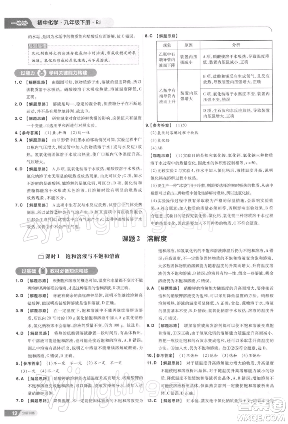 南京師范大學(xué)出版社2022一遍過九年級化學(xué)下冊人教版參考答案