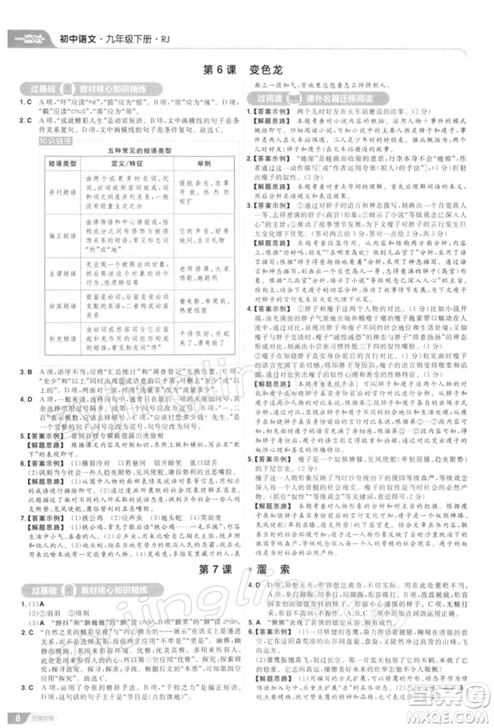 南京師范大學(xué)出版社2022一遍過九年級(jí)語文下冊(cè)人教版參考答案