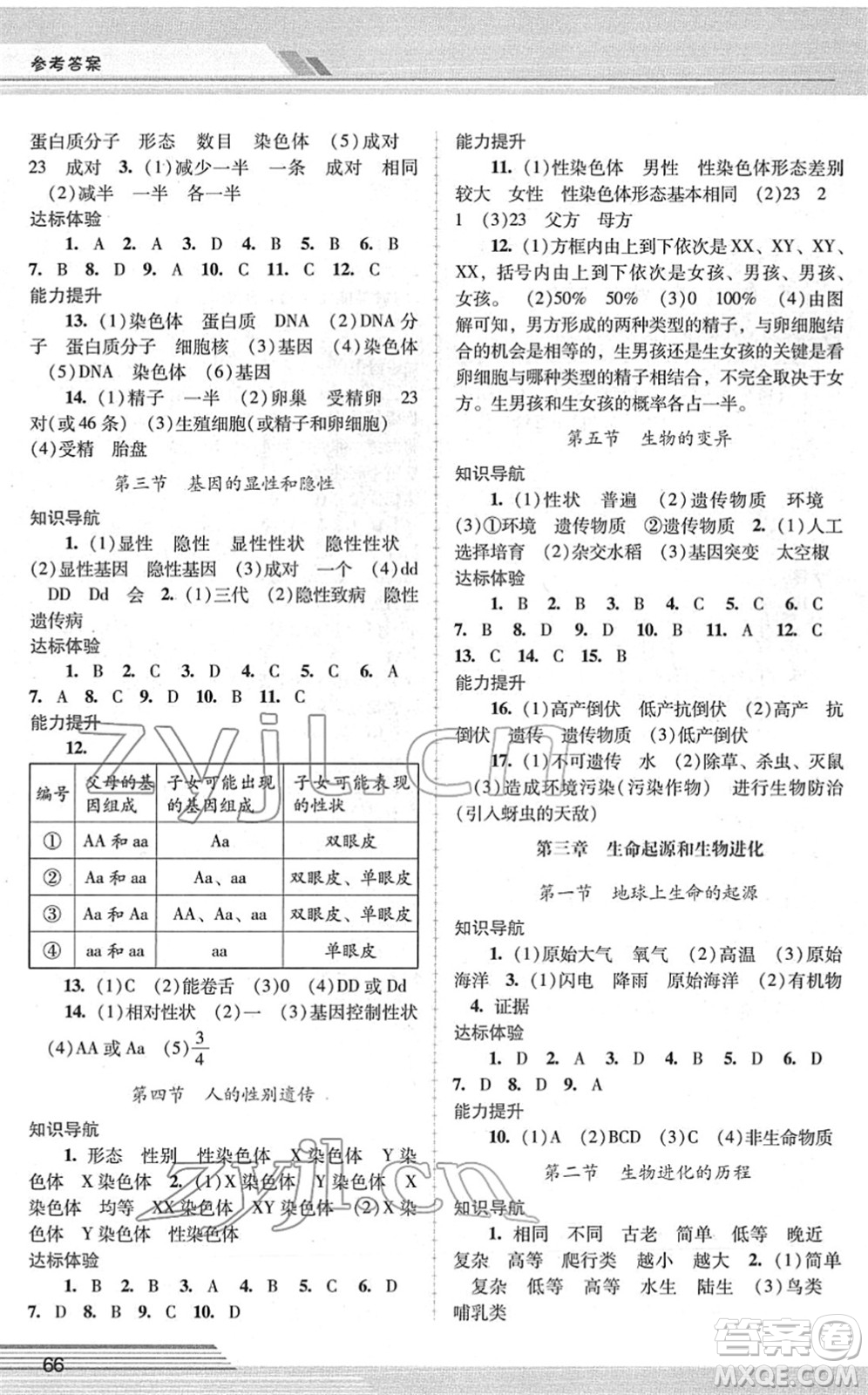 廣西師范大學(xué)出版社2022新課程學(xué)習(xí)輔導(dǎo)八年級生物下冊人教版中山專版答案