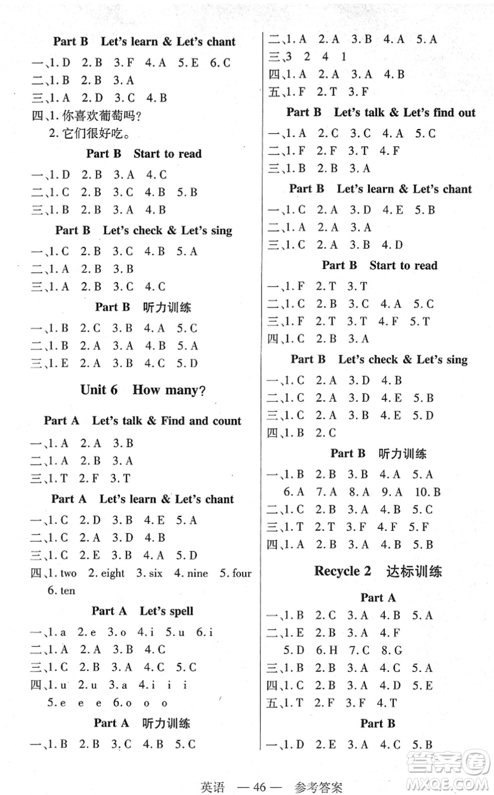 二十一世紀出版社2022新課程新練習三年級英語下冊PEP版答案