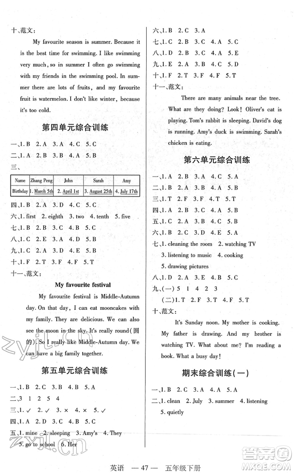 二十一世紀(jì)出版社2022新課程新練習(xí)五年級英語下冊PEP版答案