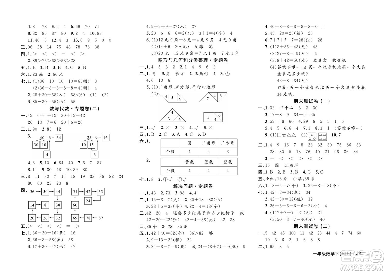 延邊教育出版社2022優(yōu)優(yōu)好卷小學數(shù)學一年級下冊RJB人教版答案