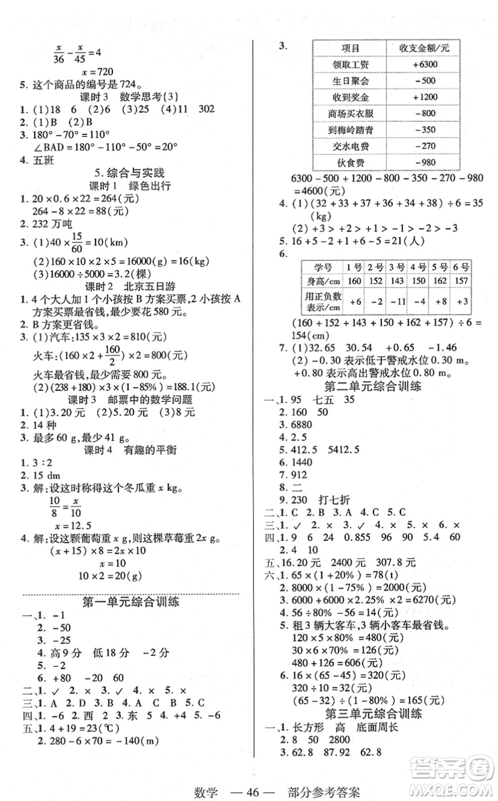 二十一世紀出版社2022新課程新練習六年級數(shù)學下冊人教版答案