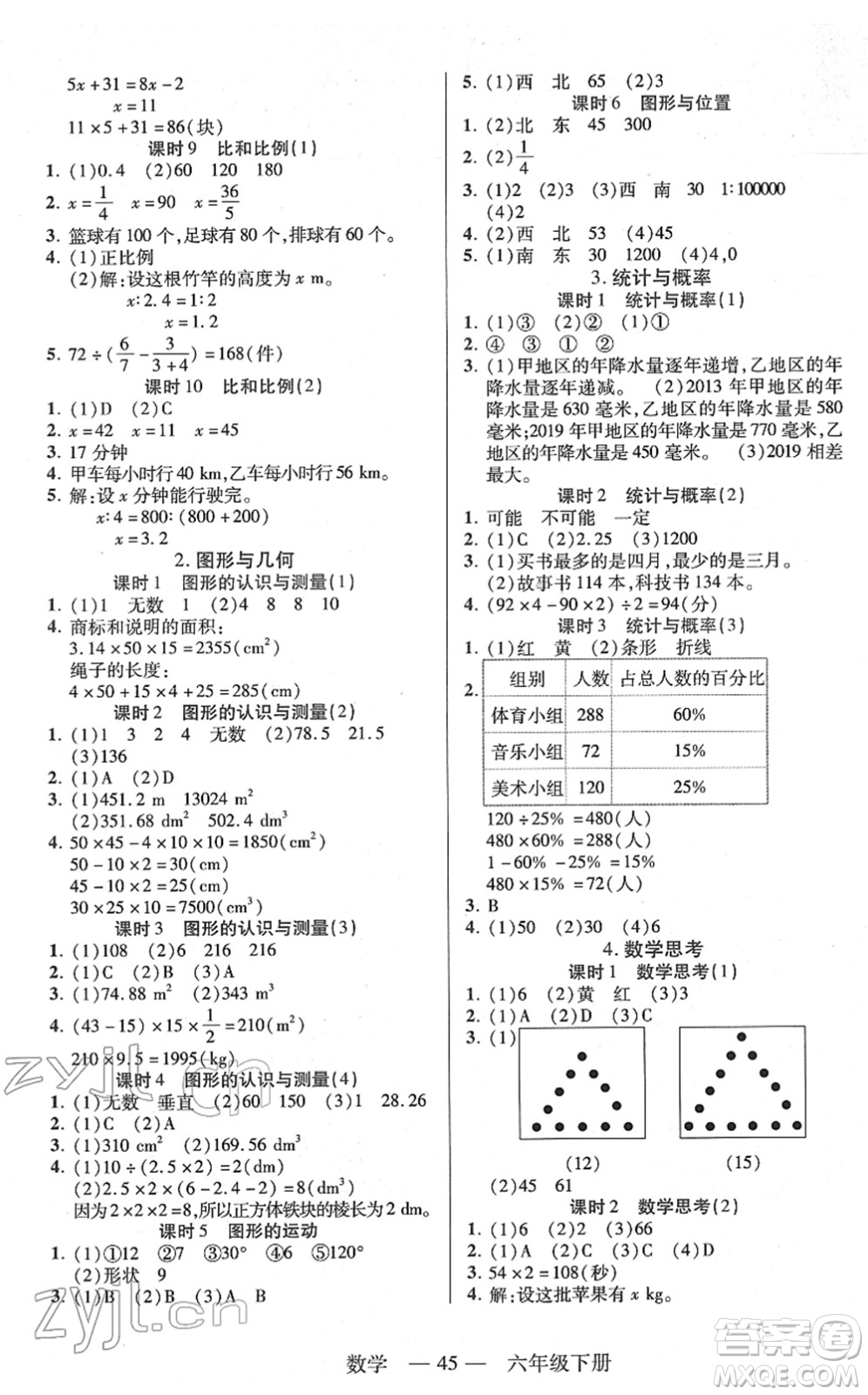 二十一世紀出版社2022新課程新練習六年級數(shù)學下冊人教版答案