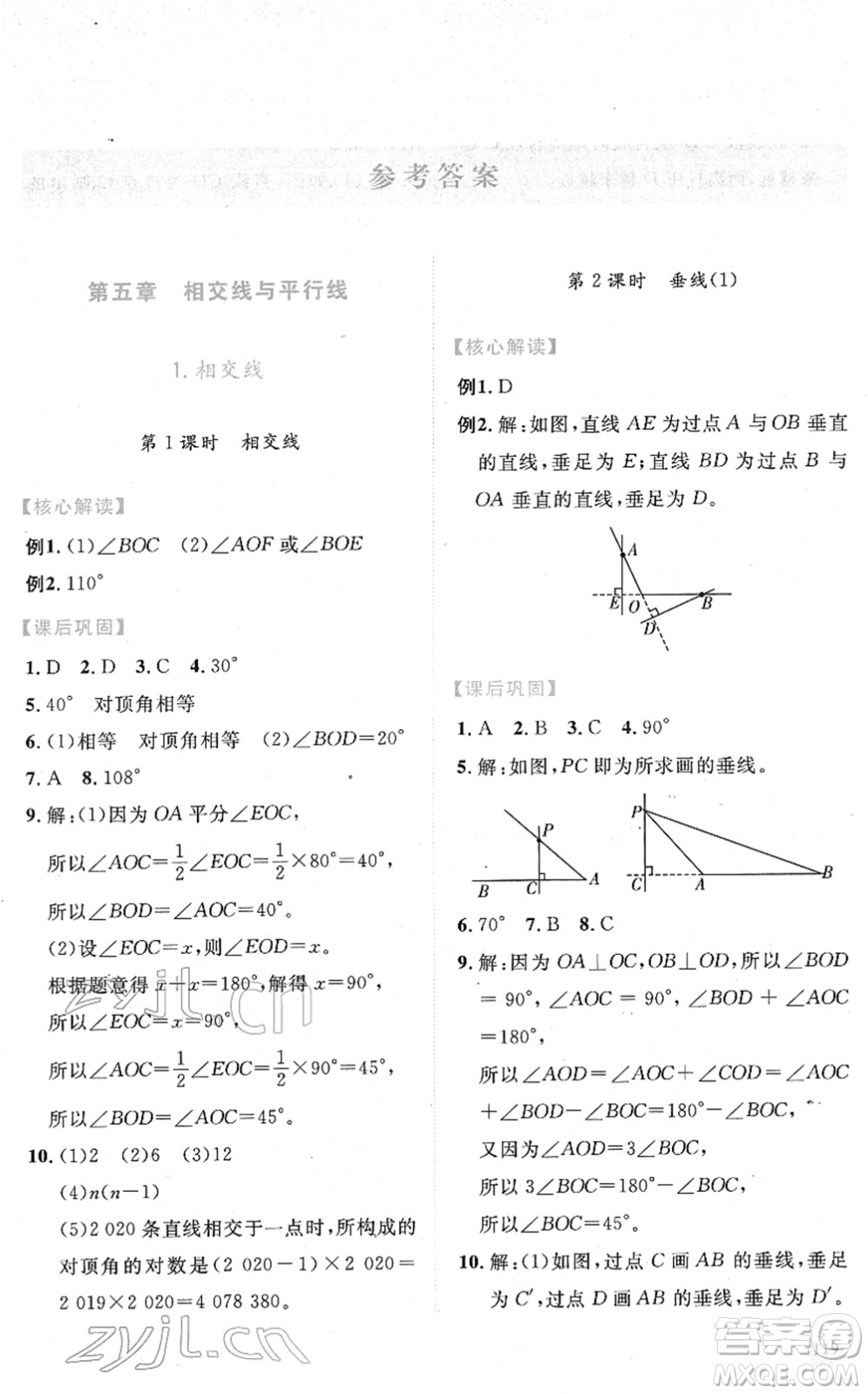 人民教育出版社2022績優(yōu)學案七年級數(shù)學下冊人教版答案