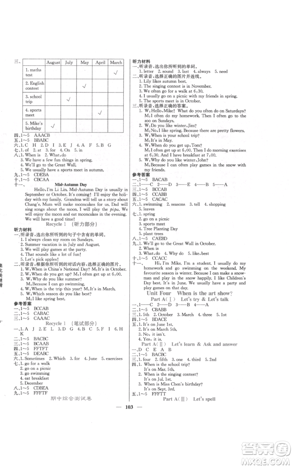 沈陽出版社2022課堂點睛五年級英語下冊人教版參考答案