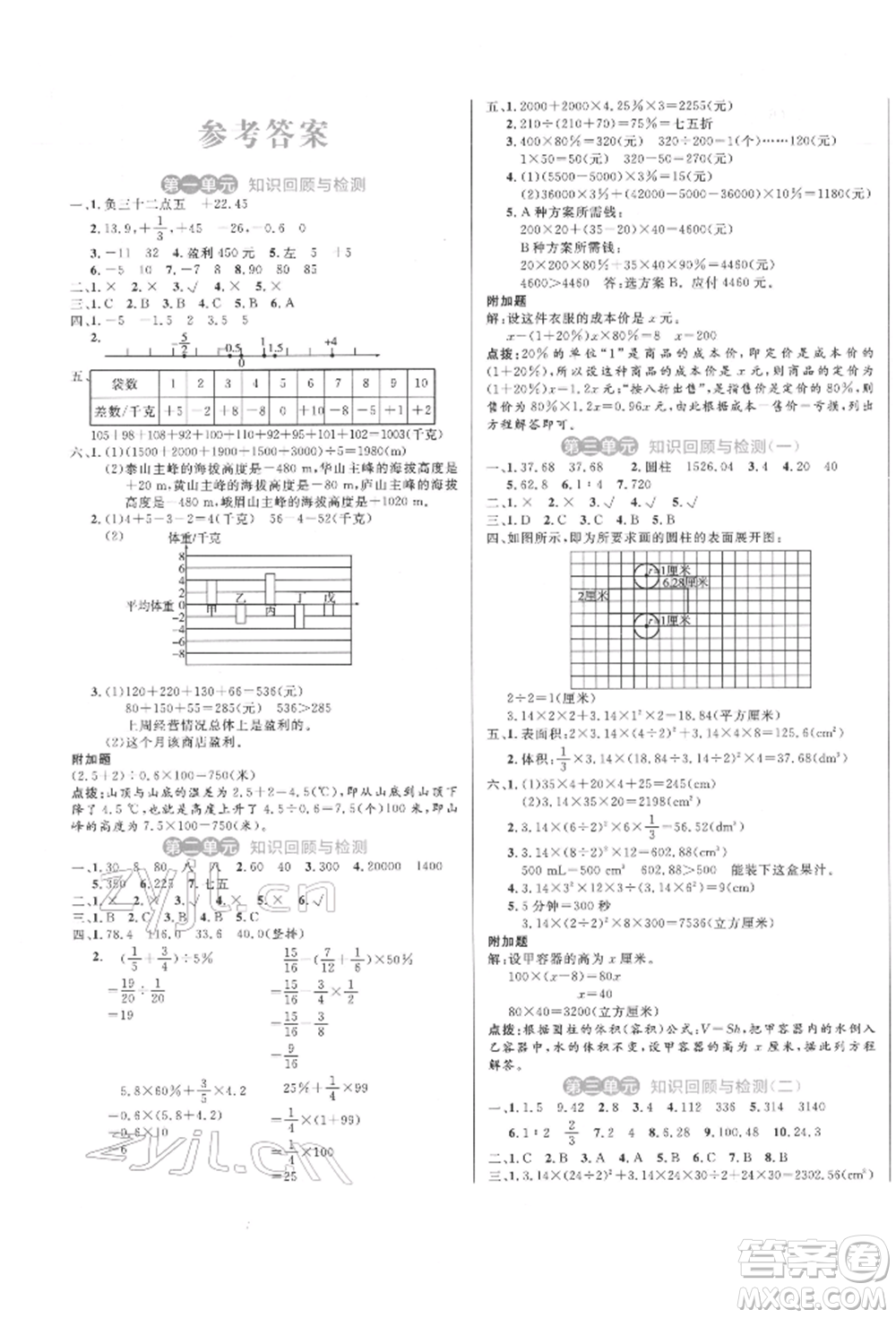 沈陽(yáng)出版社2022黃岡名卷六年級(jí)數(shù)學(xué)下冊(cè)人教版參考答案