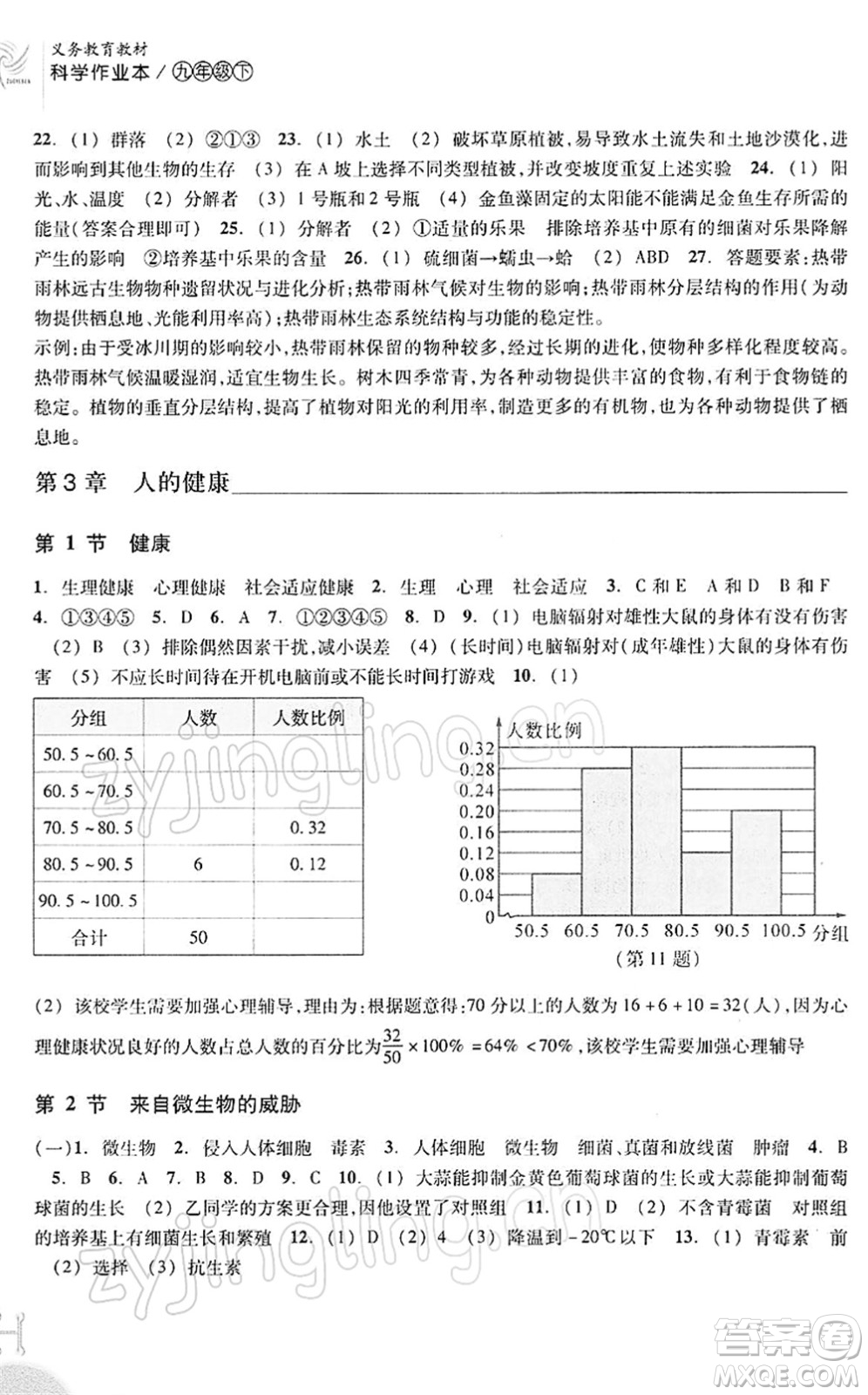 浙江教育出版社2022科學(xué)作業(yè)本九年級下冊ZH浙教版AB本答案