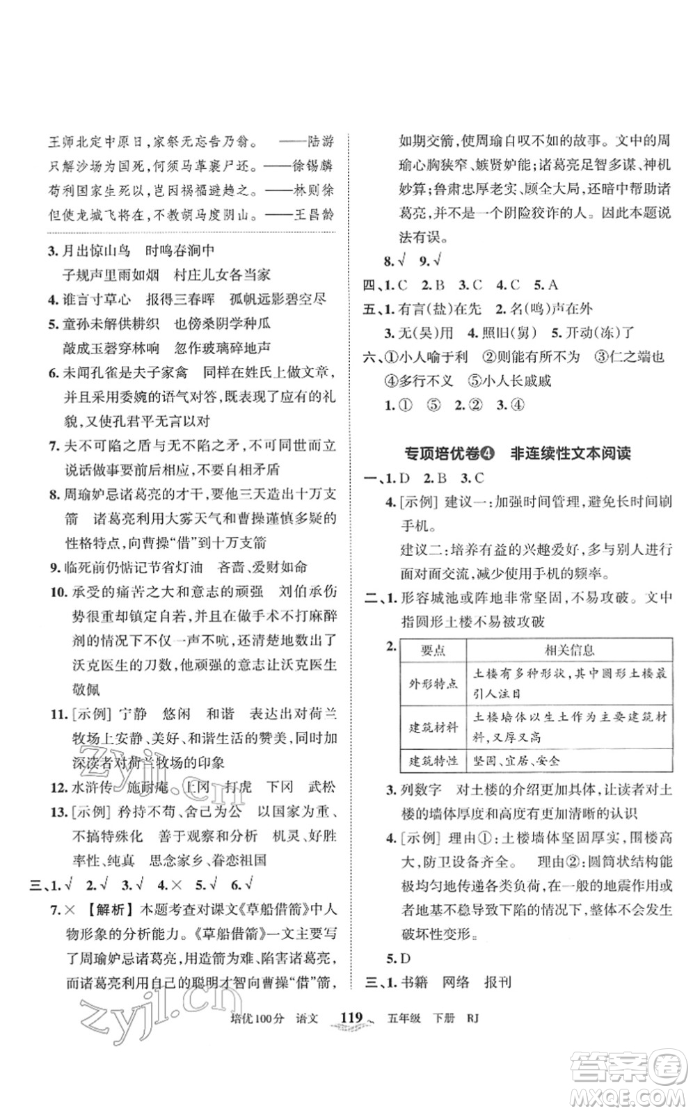 江西人民出版社2022王朝霞培優(yōu)100分五年級語文下冊RJ人教版答案