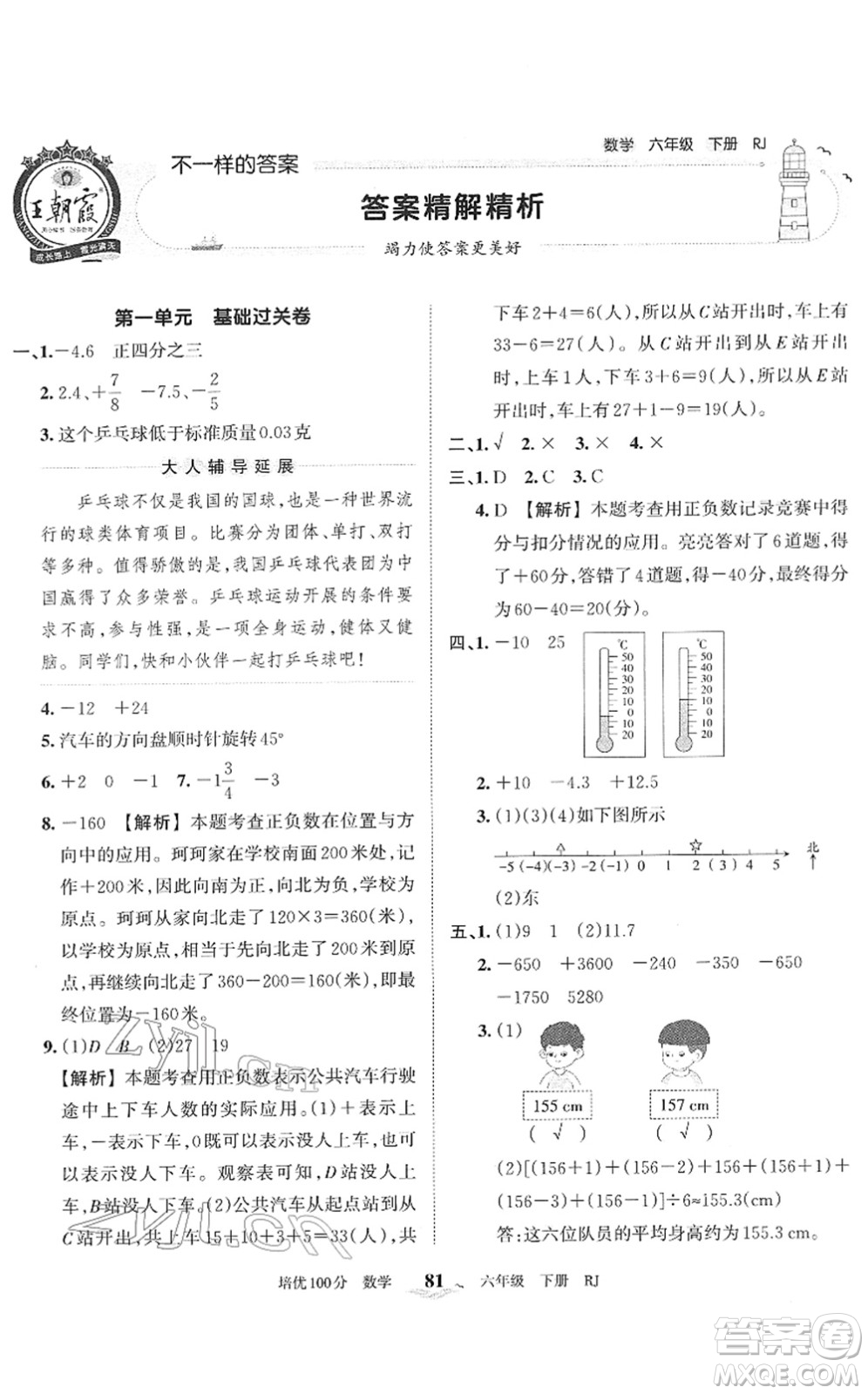 江西人民出版社2022王朝霞培優(yōu)100分六年級(jí)數(shù)學(xué)下冊(cè)RJ人教版答案