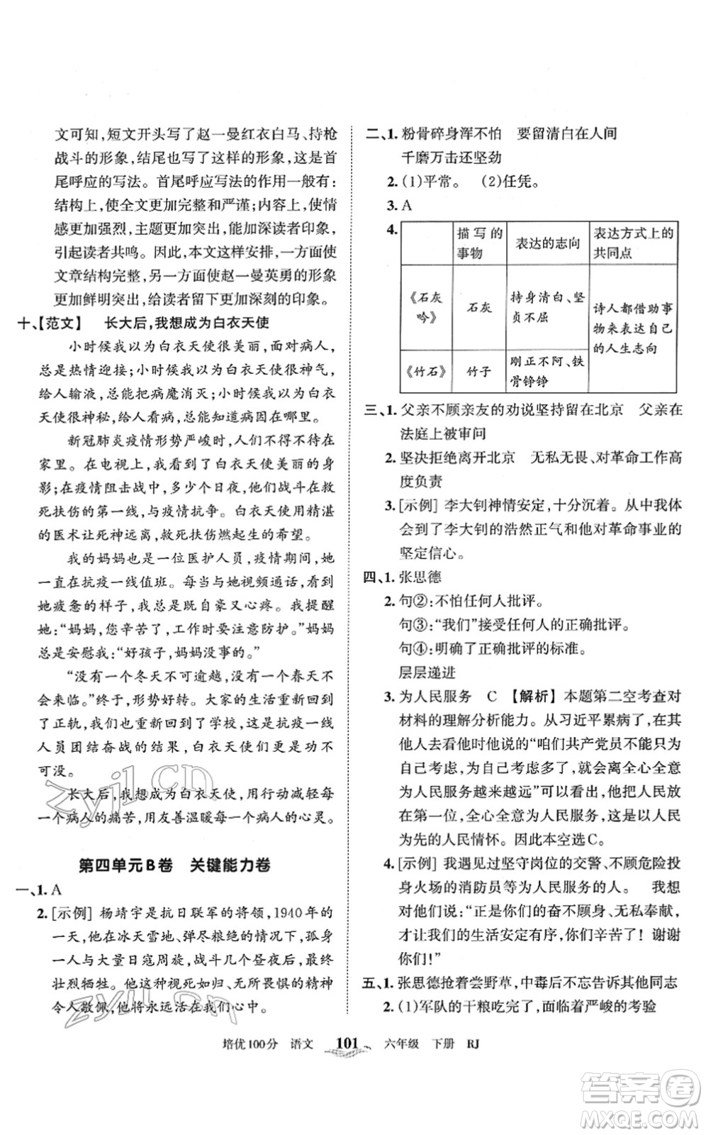 江西人民出版社2022王朝霞培優(yōu)100分六年級(jí)語(yǔ)文下冊(cè)RJ人教版答案