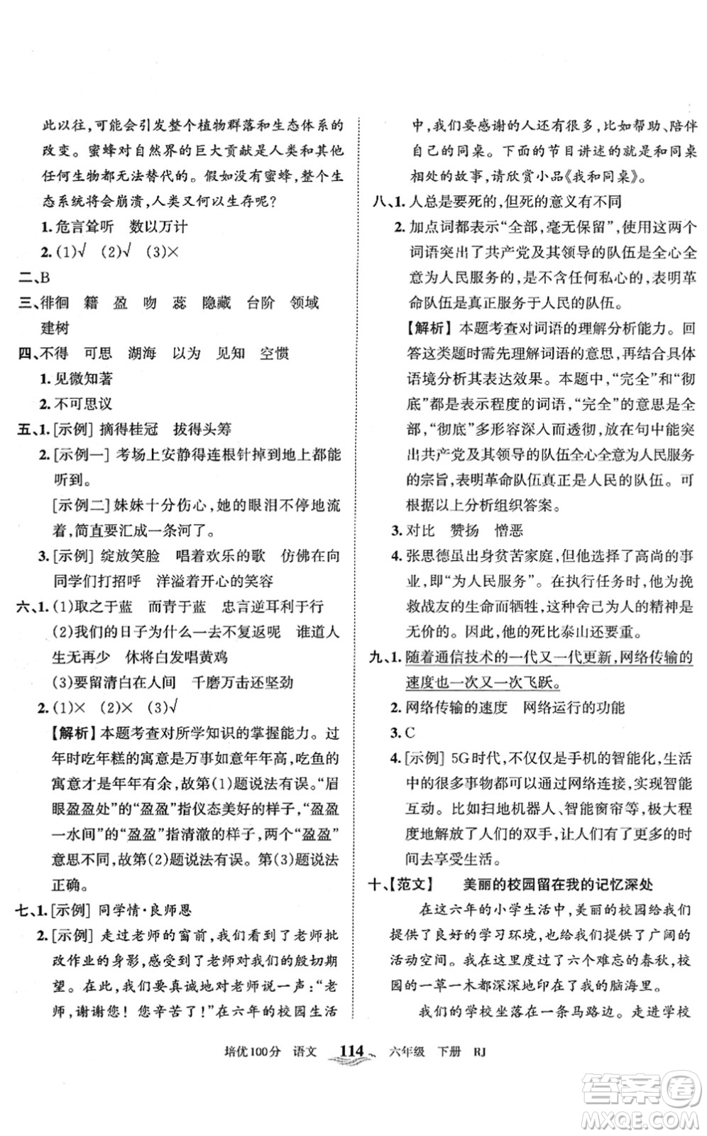 江西人民出版社2022王朝霞培優(yōu)100分六年級(jí)語(yǔ)文下冊(cè)RJ人教版答案