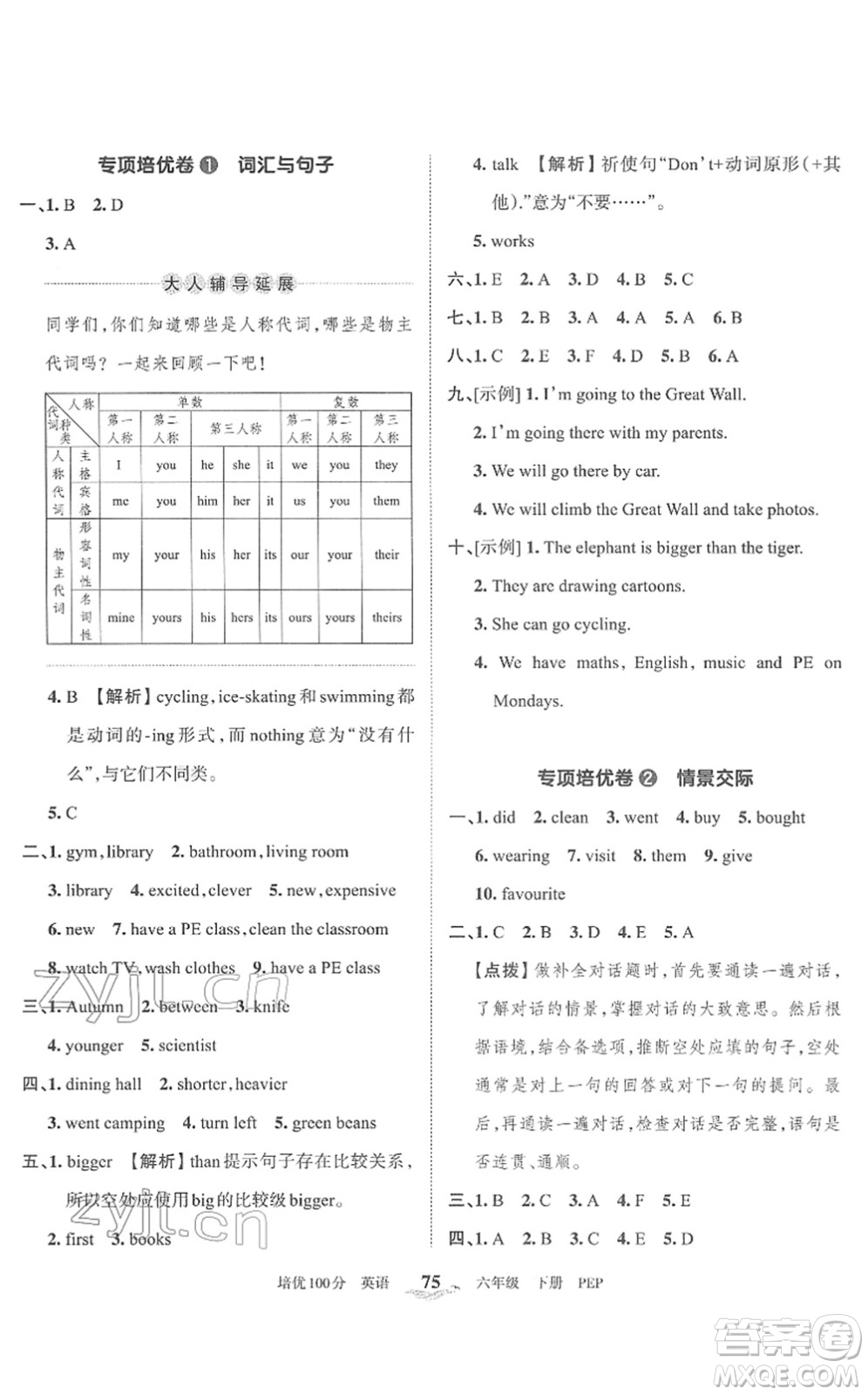 江西人民出版社2022王朝霞培優(yōu)100分六年級英語下冊PEP版答案