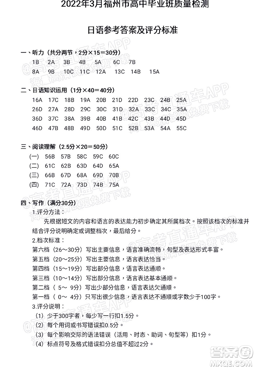 2022年3月福州市高中畢業(yè)班質(zhì)量檢測日語試題及答案