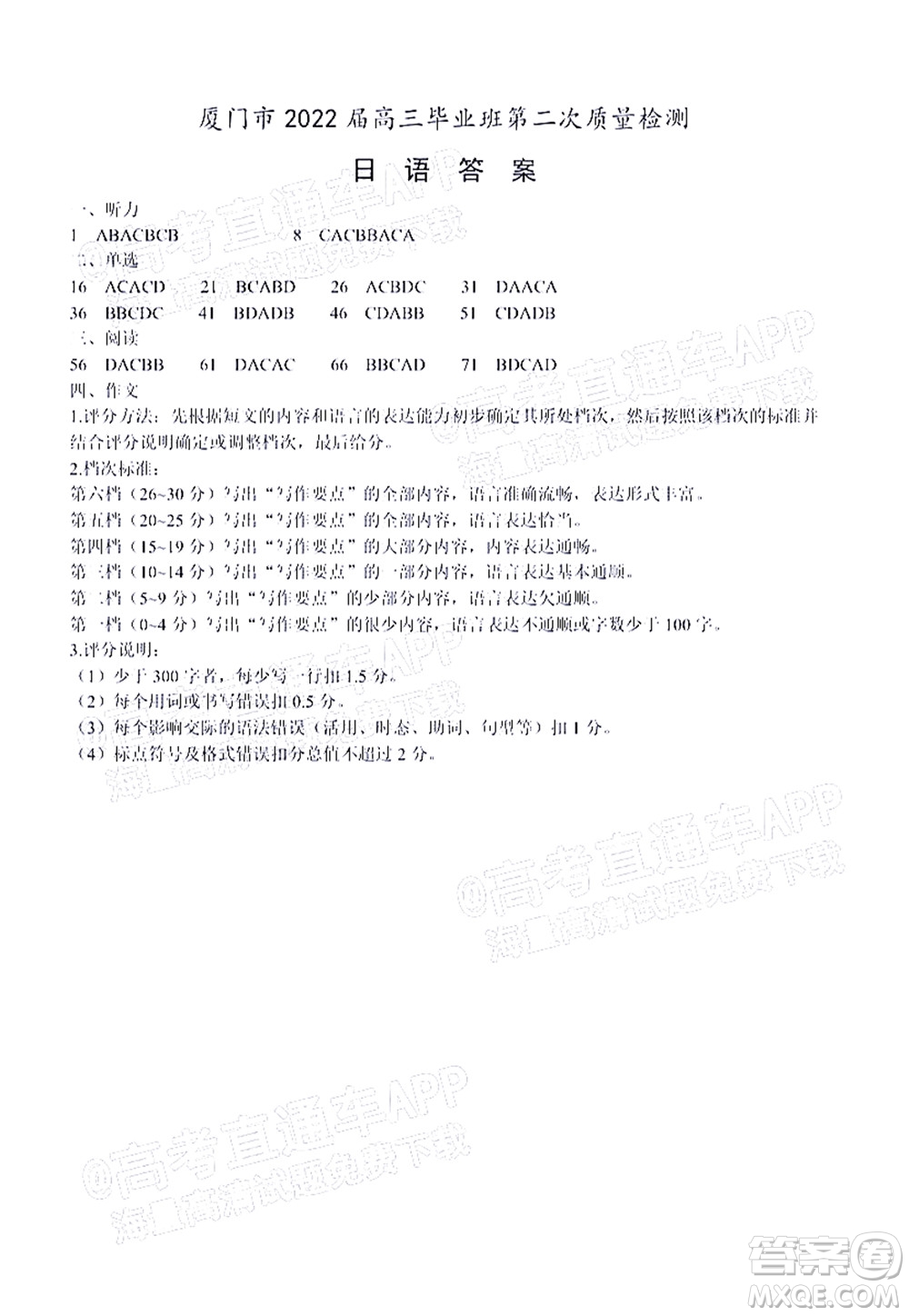 廈門(mén)市2022屆高三畢業(yè)班第二次質(zhì)量檢測(cè)日語(yǔ)試卷及答案