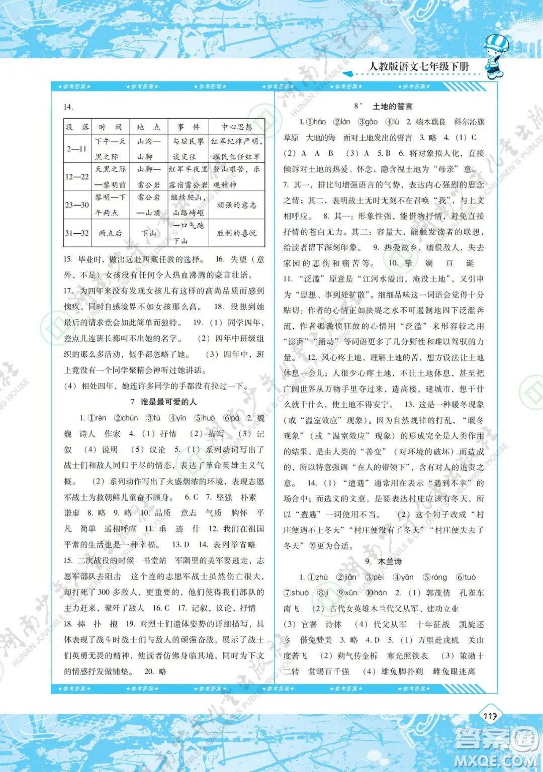 湖南少年兒童出版社2022課程基礎(chǔ)訓(xùn)練七年級(jí)語文下冊人教版答案