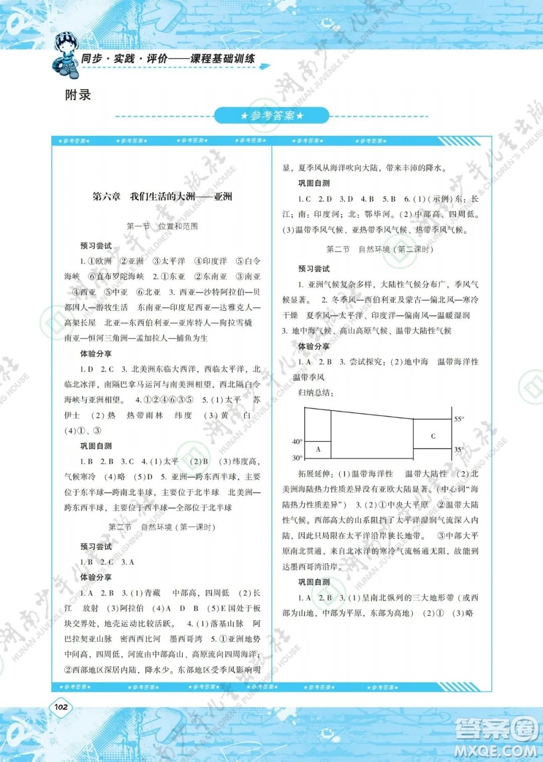 湖南少年兒童出版社2022課程基礎(chǔ)訓(xùn)練七年級地理下冊人教版答案