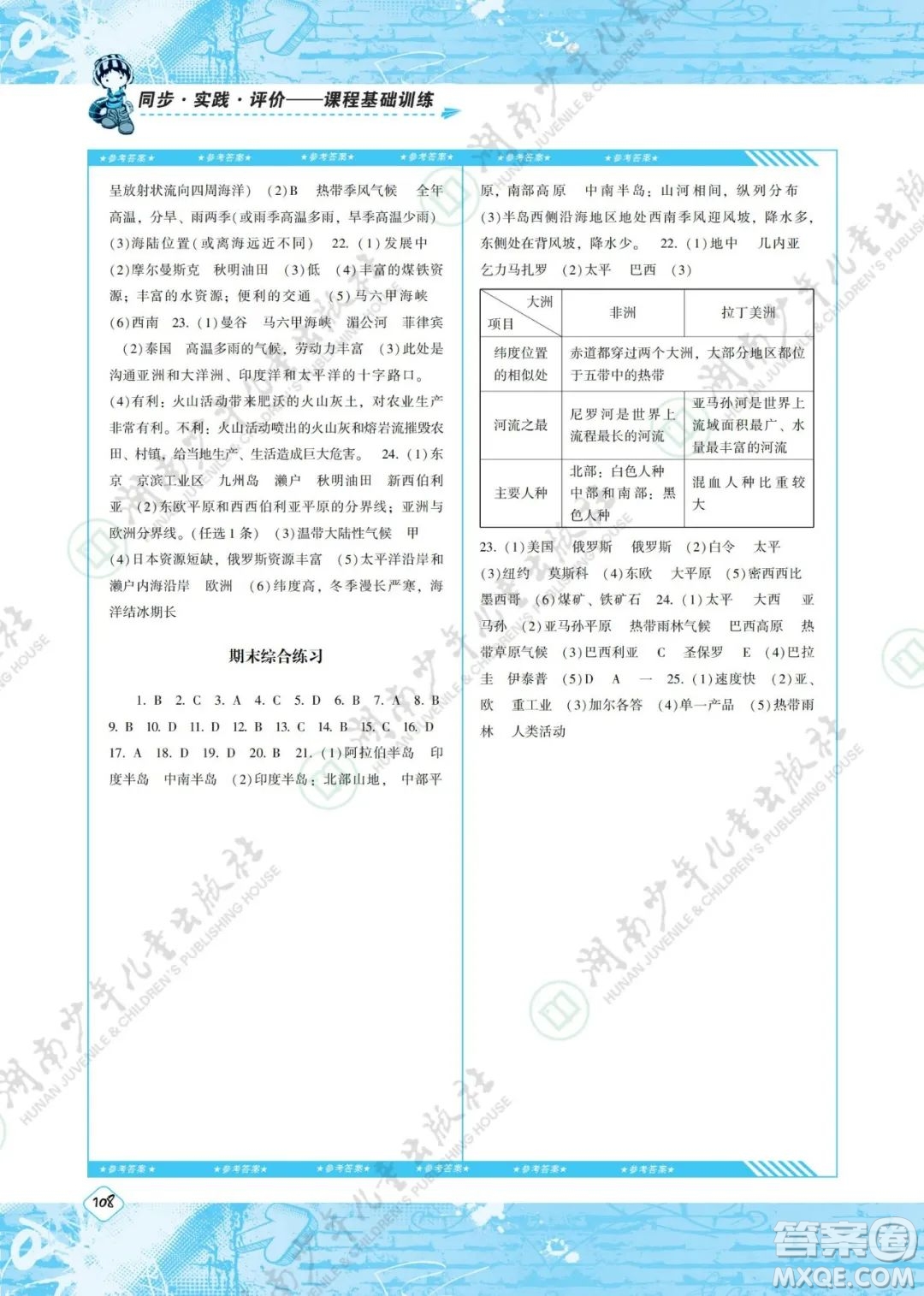 湖南少年兒童出版社2022課程基礎(chǔ)訓(xùn)練七年級地理下冊人教版答案