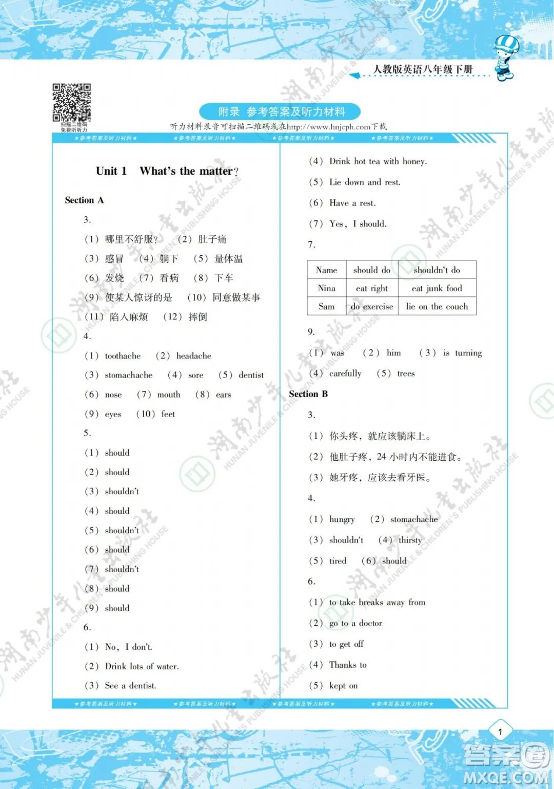 湖南少年兒童出版社2022課程基礎(chǔ)訓(xùn)練八年級英語下冊人教版答案