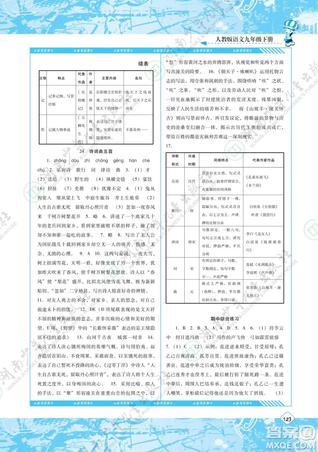 湖南少年兒童出版社2022課程基礎(chǔ)訓練九年級語文下冊人教版答案