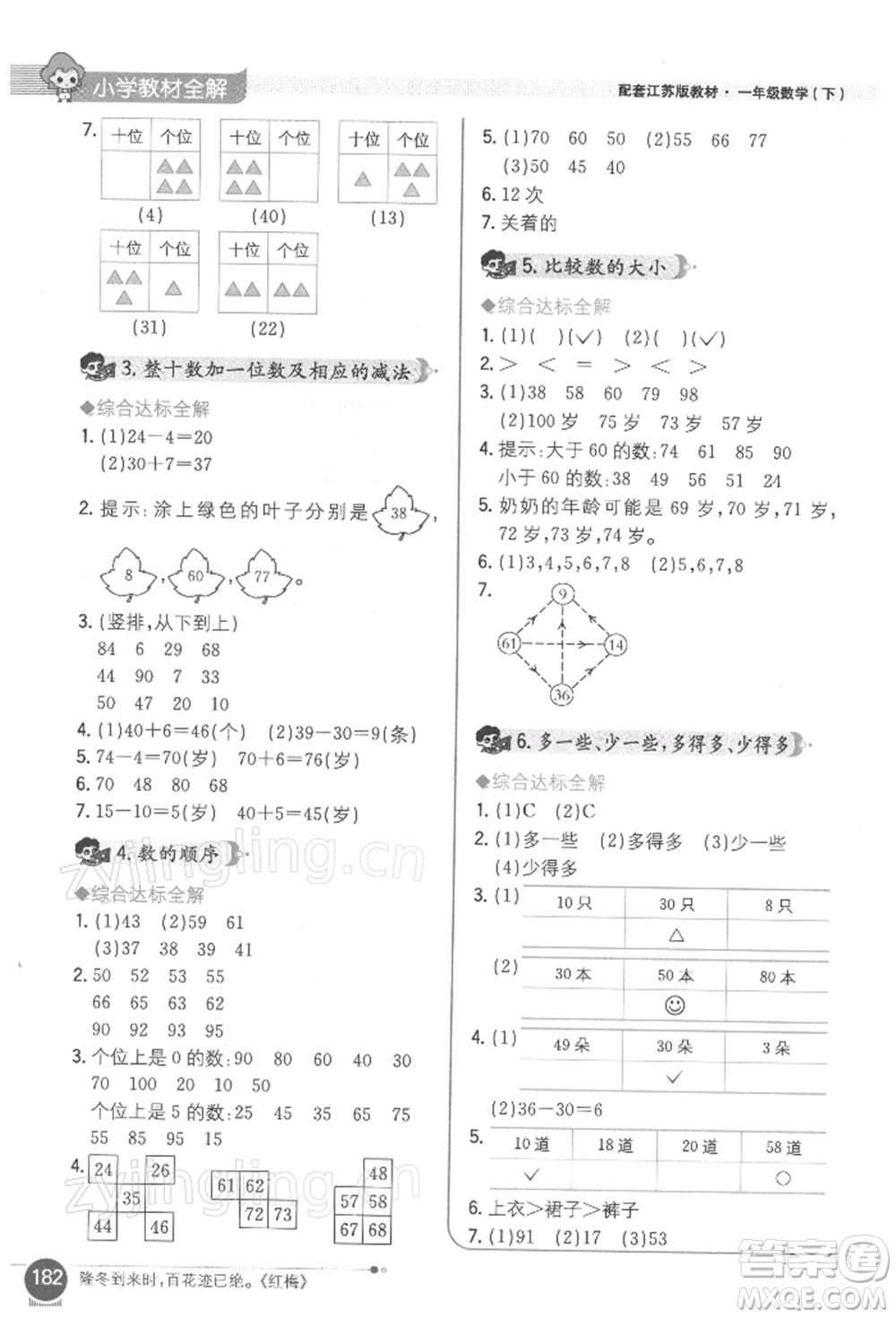 陜西人民教育出版社2022小學教材全解一年級數學下冊江蘇版參考答案