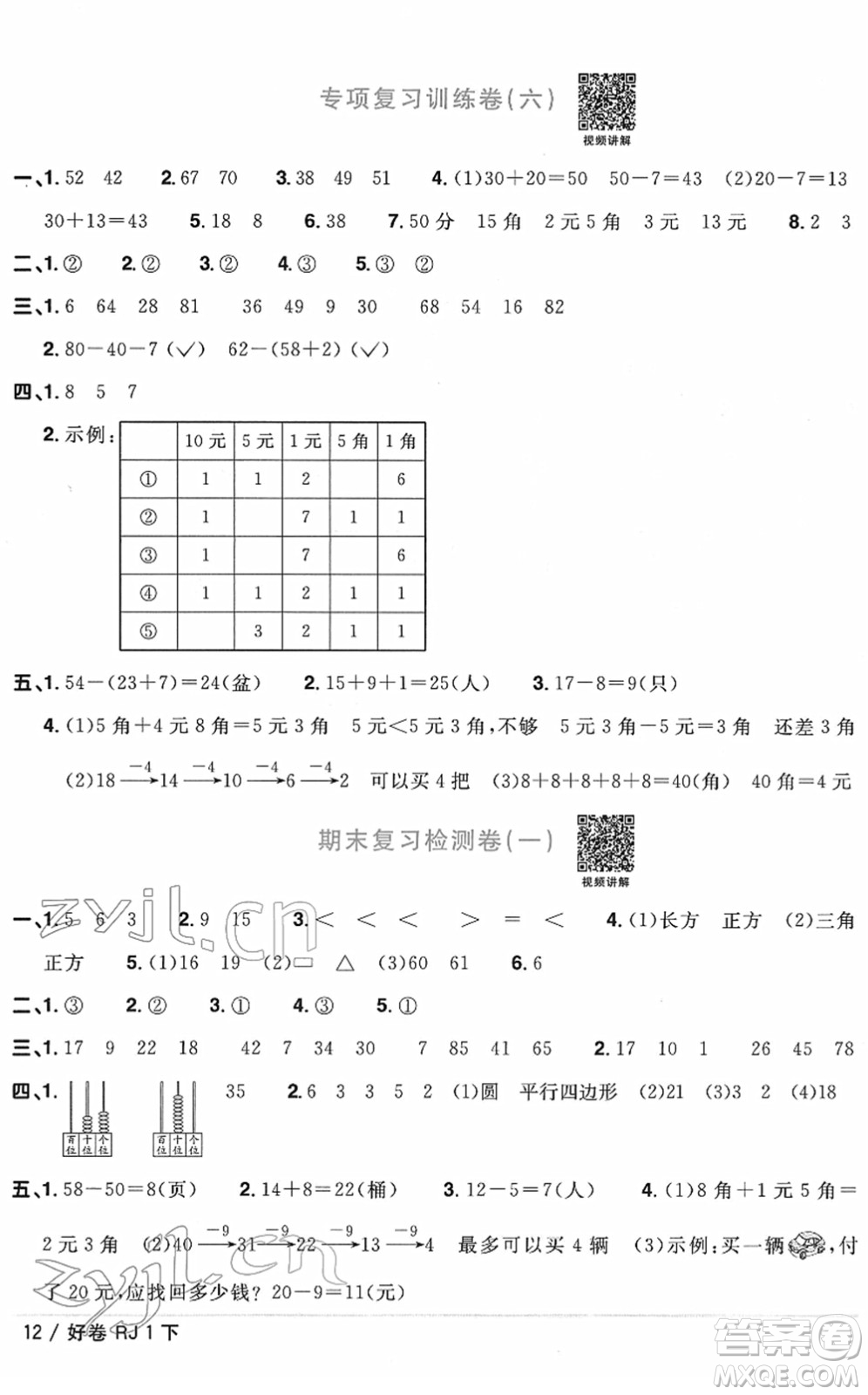 江西教育出版社2022陽光同學(xué)一線名師全優(yōu)好卷單元標(biāo)準(zhǔn)卷+期末復(fù)習(xí)卷一年級數(shù)學(xué)下冊RJ人教版答案