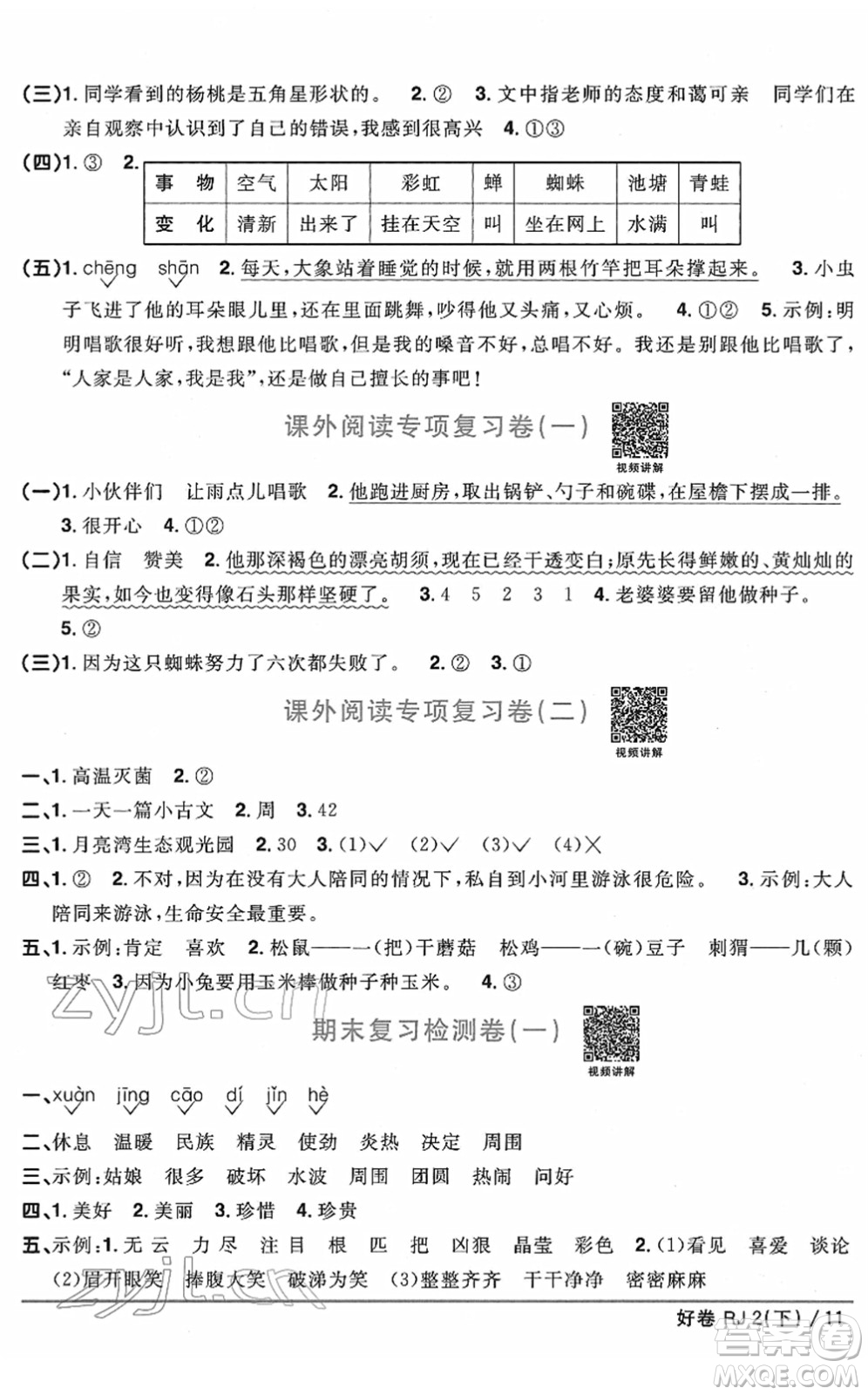 江西教育出版社2022陽光同學一線名師全優(yōu)好卷單元標準卷+期末復(fù)習卷二年級語文下冊RJ人教版答案