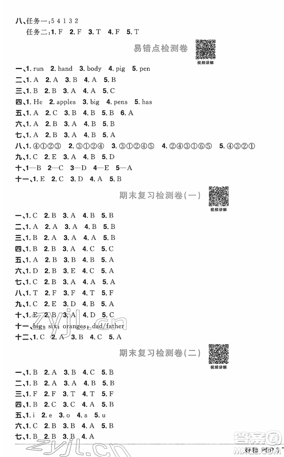 江西教育出版社2022陽(yáng)光同學(xué)一線名師全優(yōu)好卷單元標(biāo)準(zhǔn)卷+期末復(fù)習(xí)卷三年級(jí)英語(yǔ)下冊(cè)PEP版答案