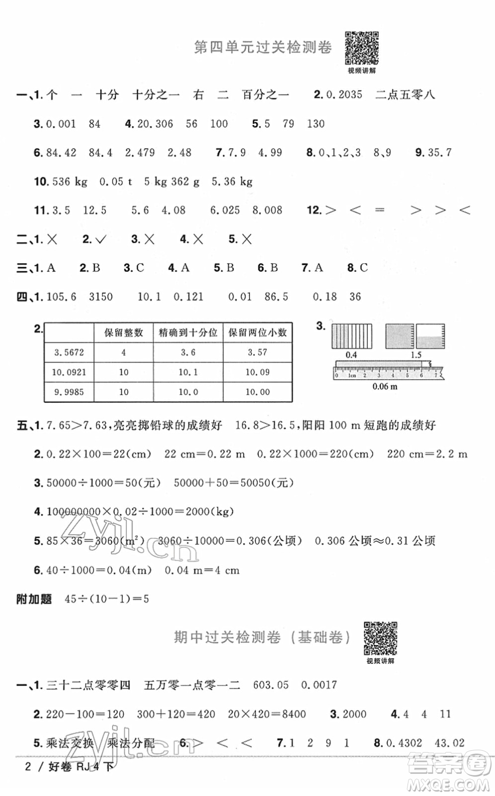 江西教育出版社2022陽(yáng)光同學(xué)一線名師全優(yōu)好卷單元標(biāo)準(zhǔn)卷+期末復(fù)習(xí)卷四年級(jí)數(shù)學(xué)下冊(cè)RJ人教版答案