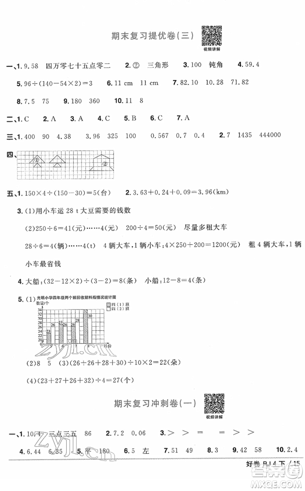 江西教育出版社2022陽(yáng)光同學(xué)一線名師全優(yōu)好卷單元標(biāo)準(zhǔn)卷+期末復(fù)習(xí)卷四年級(jí)數(shù)學(xué)下冊(cè)RJ人教版答案