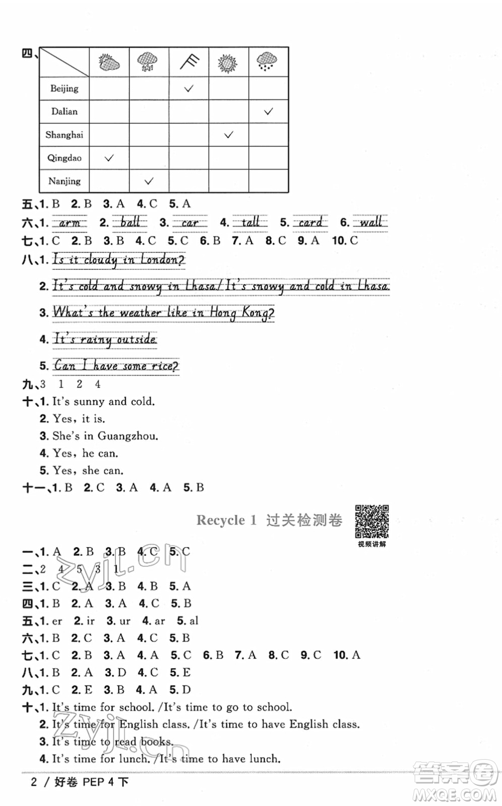 江西教育出版社2022陽光同學一線名師全優(yōu)好卷單元標準卷+期末復習卷四年級英語下冊PEP版答案