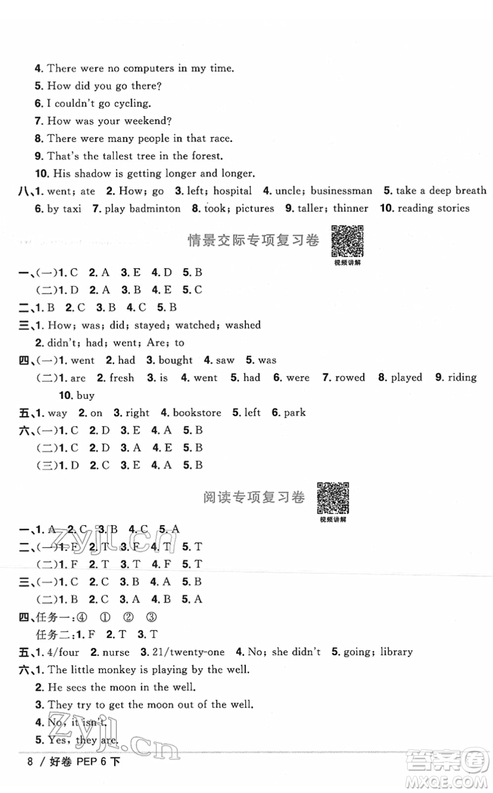 江西教育出版社2022陽(yáng)光同學(xué)一線名師全優(yōu)好卷單元標(biāo)準(zhǔn)卷+期末復(fù)習(xí)卷六年級(jí)英語(yǔ)下冊(cè)PEP版答案