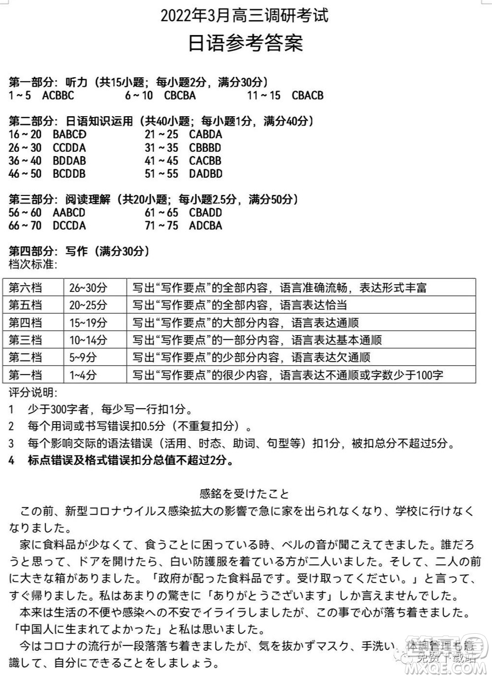 湖南2022年3月高三調(diào)研考試試卷日語答案