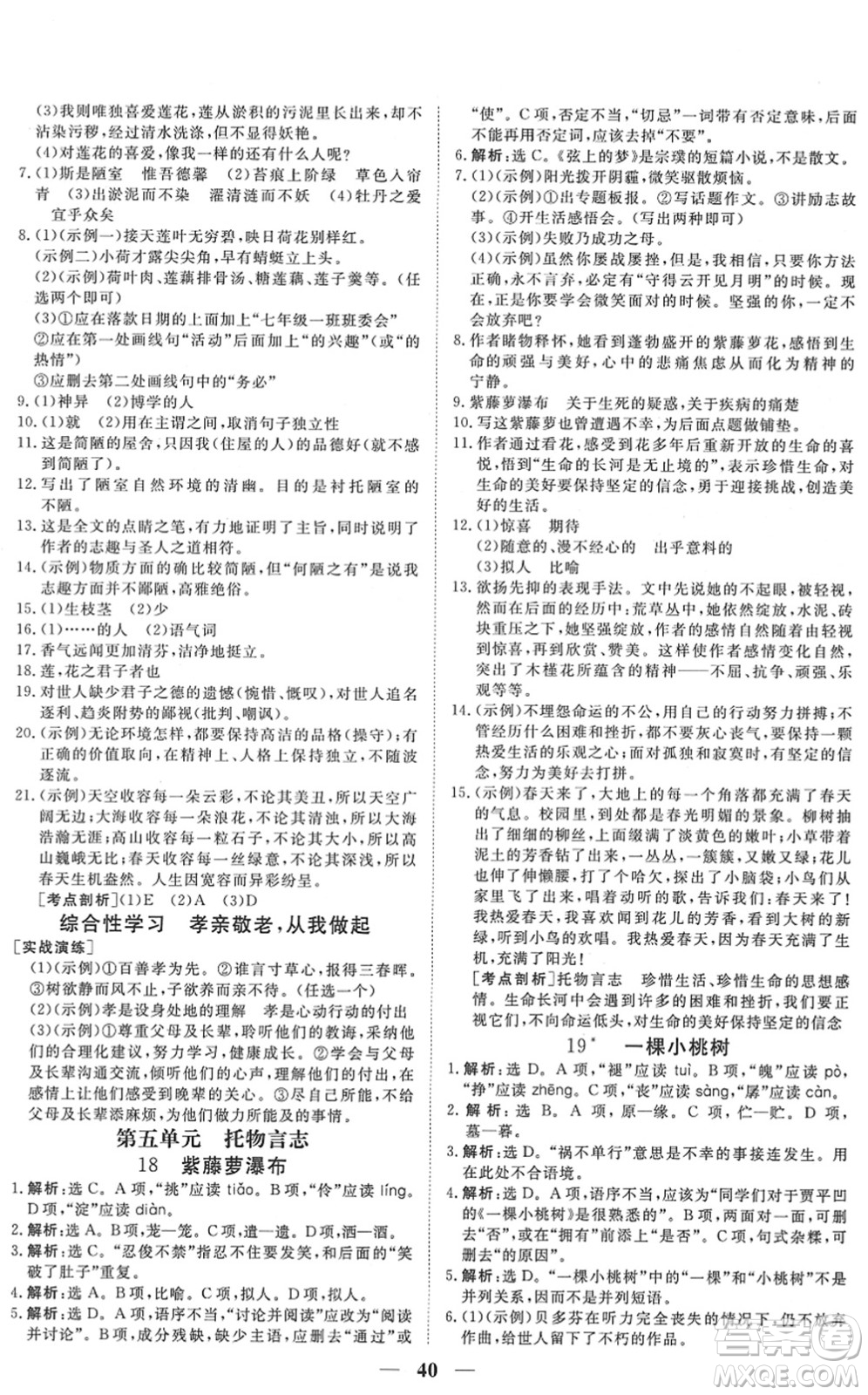 青海人民出版社2022新坐標同步練習七年級語文下冊人教版青海專用答案