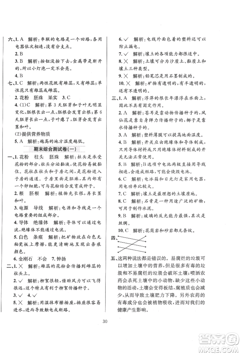 陜西人民教育出版社2022小學(xué)教材全練四年級科學(xué)下冊教育科學(xué)版參考答案