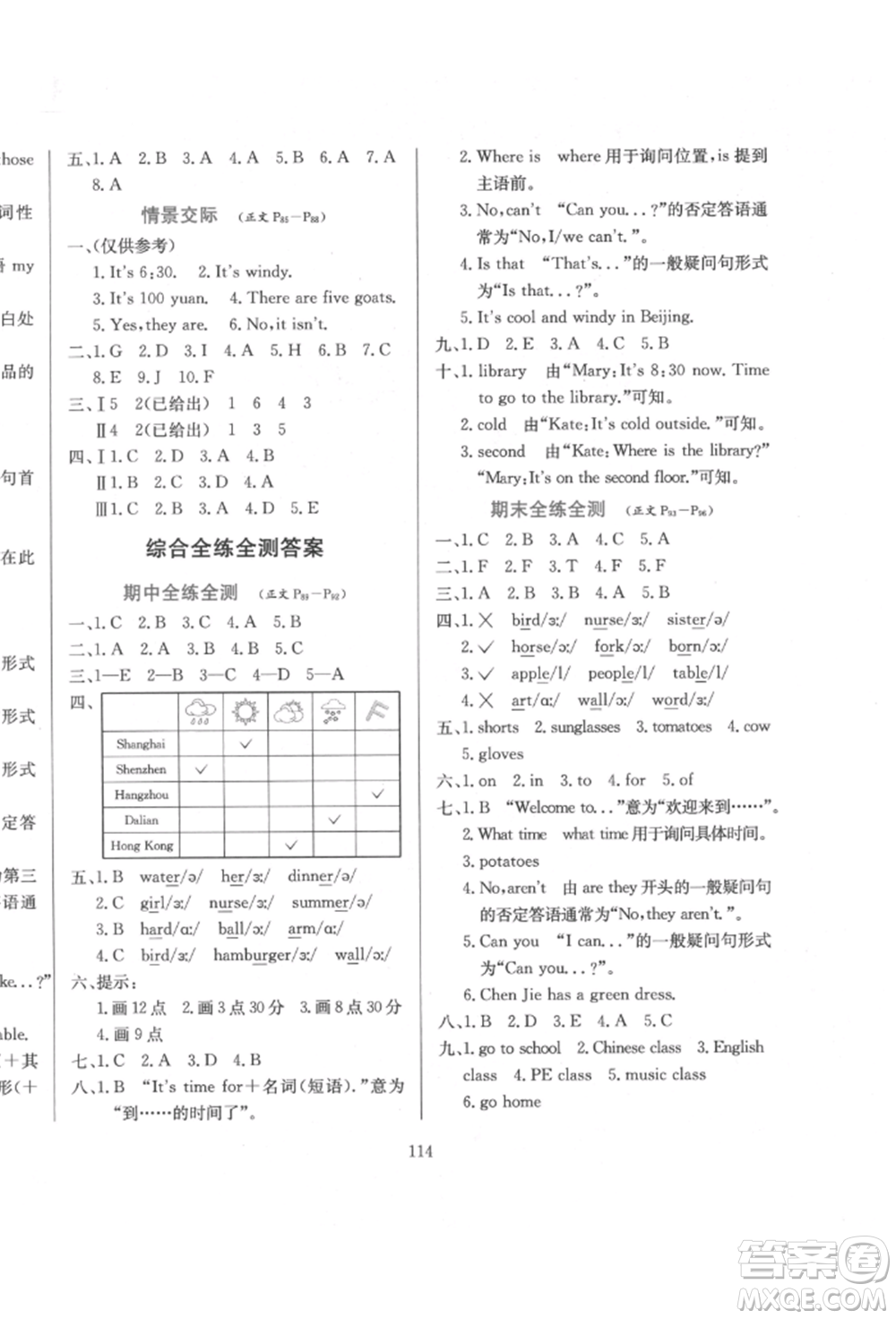 陜西人民教育出版社2022小學(xué)教材全練三年級(jí)起點(diǎn)四年級(jí)英語下冊(cè)人教版參考答案