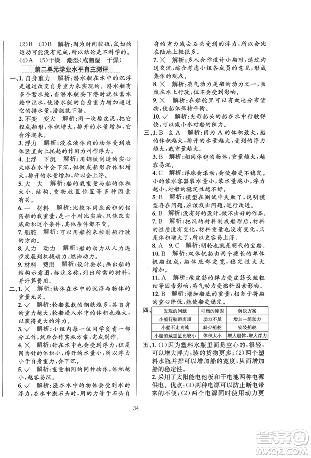 陜西人民教育出版社2022小學(xué)教材全練五年級科學(xué)下冊教育科學(xué)版參考答案