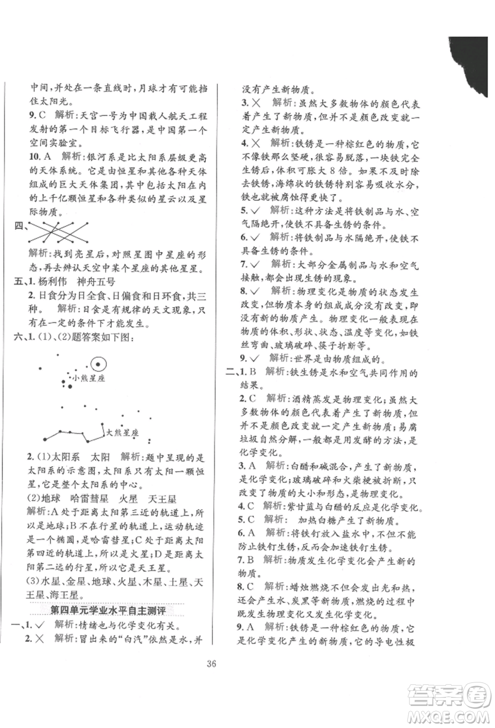 陜西人民教育出版社2022小學(xué)教材全練六年級科學(xué)下冊教育科學(xué)版參考答案