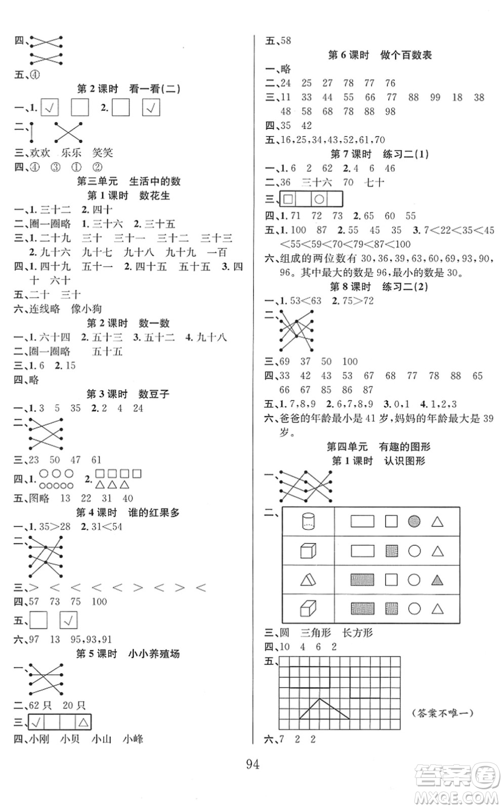 安徽人民出版社2022陽光課堂課時(shí)作業(yè)一年級(jí)數(shù)學(xué)下冊BS北師版答案