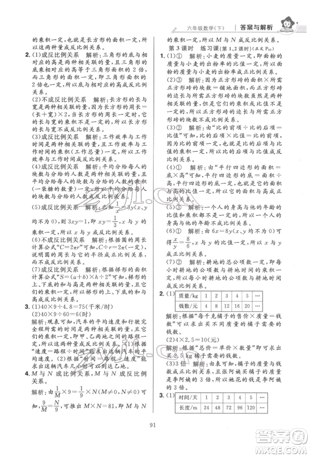 陜西人民教育出版社2022小學(xué)教材全練六年級數(shù)學(xué)下冊人教版參考答案