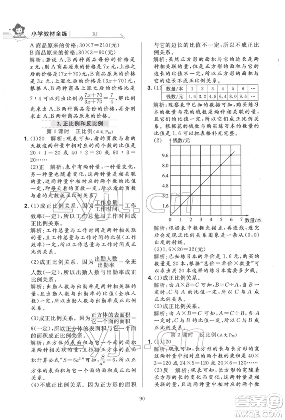 陜西人民教育出版社2022小學(xué)教材全練六年級數(shù)學(xué)下冊人教版參考答案