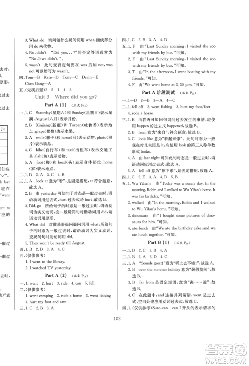 陜西人民教育出版社2022小學(xué)教材全練三年級(jí)起點(diǎn)六年級(jí)英語(yǔ)下冊(cè)人教版參考答案