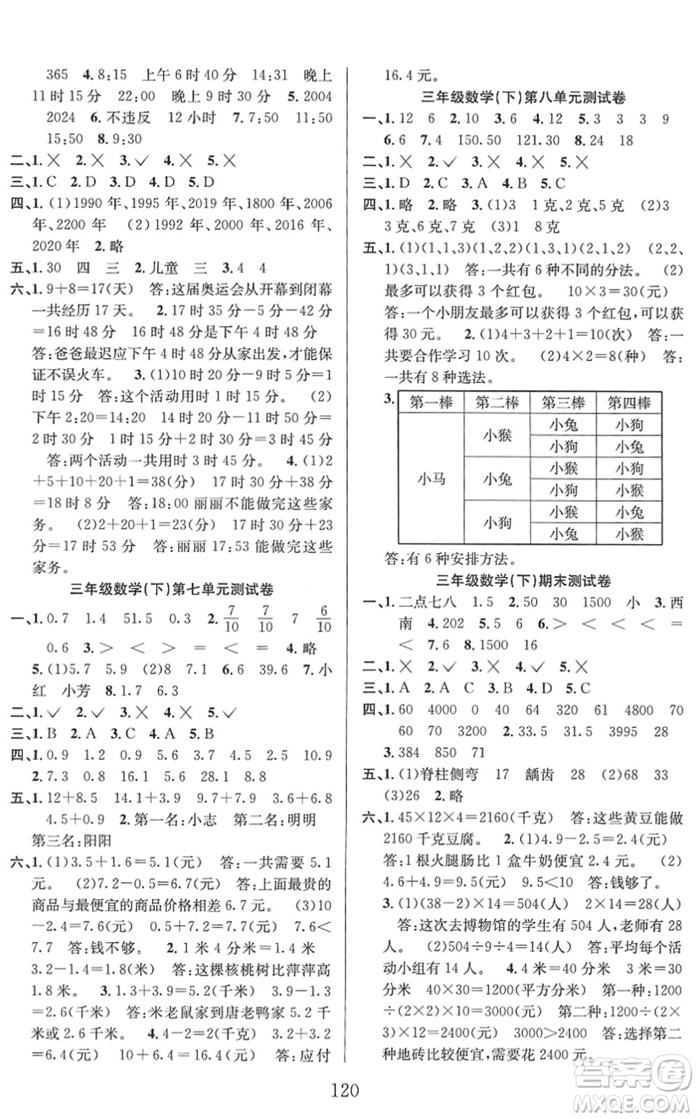 安徽人民出版社2022陽光課堂課時(shí)作業(yè)三年級(jí)數(shù)學(xué)下冊RJ人教版答案