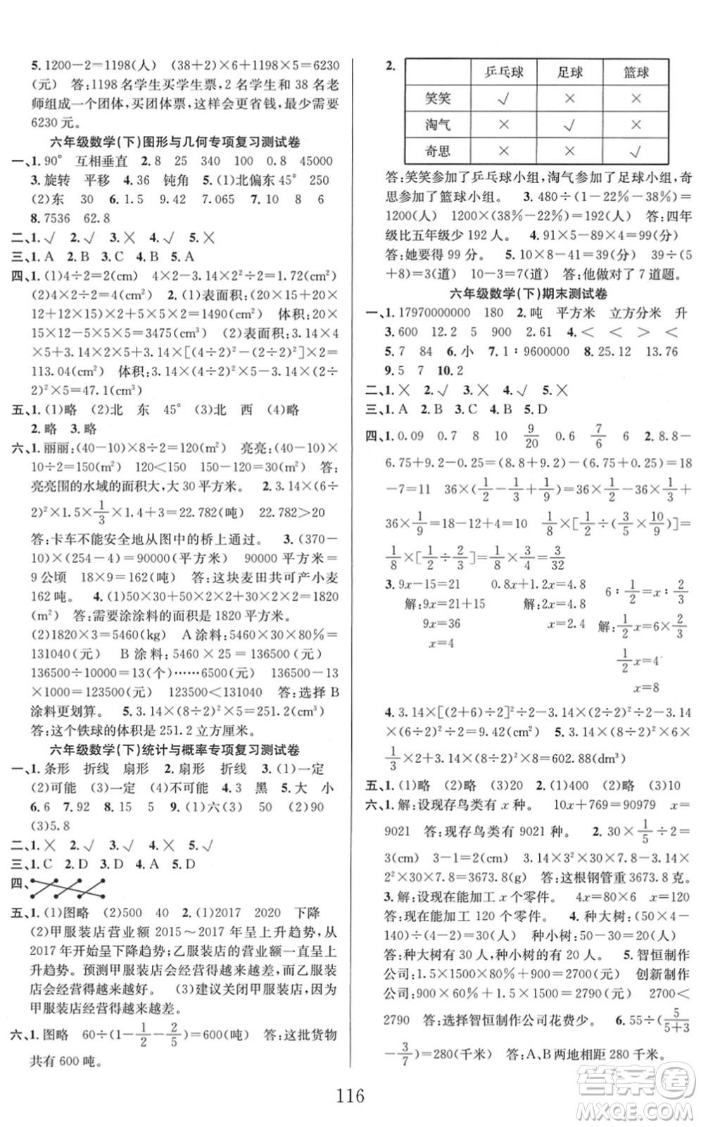 安徽人民出版社2022陽(yáng)光課堂課時(shí)作業(yè)六年級(jí)數(shù)學(xué)下冊(cè)BS北師版答案