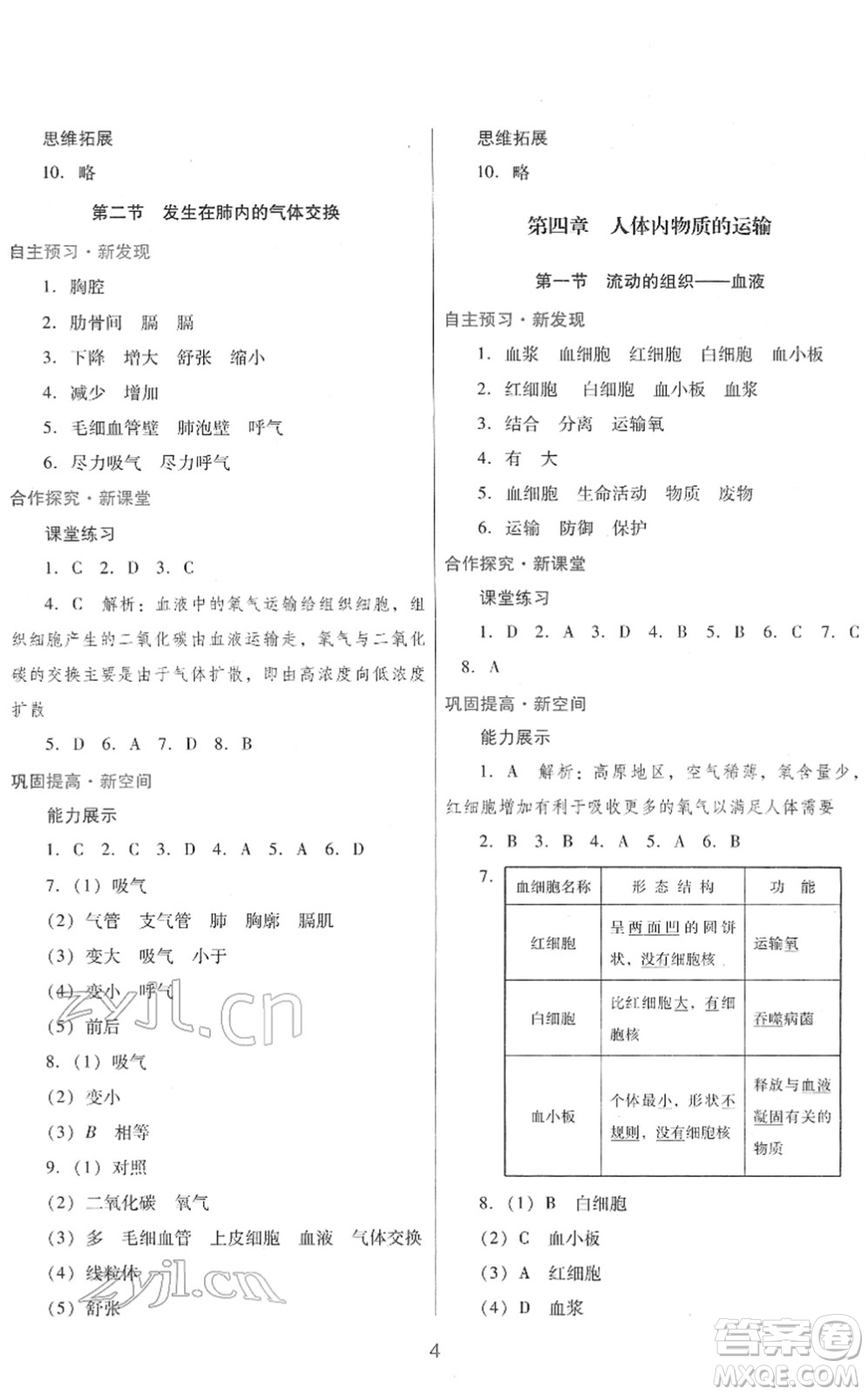 廣東教育出版社2022南方新課堂金牌學(xué)案七年級生物下冊人教版答案