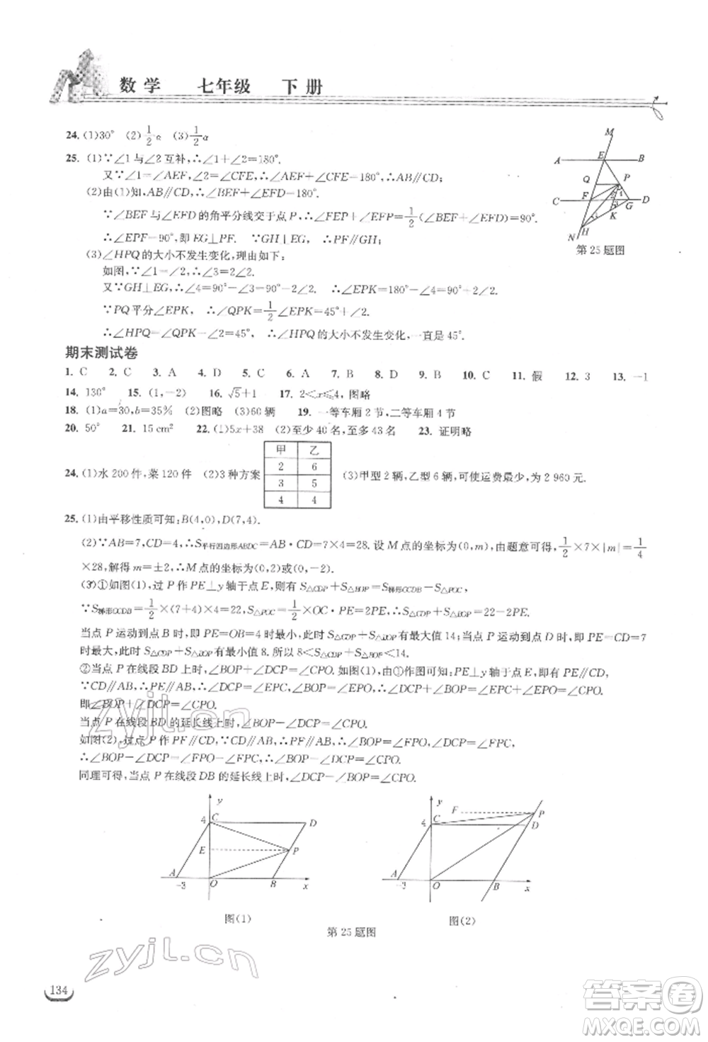 湖北教育出版社2022長(zhǎng)江作業(yè)本同步練習(xí)冊(cè)七年級(jí)數(shù)學(xué)下冊(cè)人教版參考答案