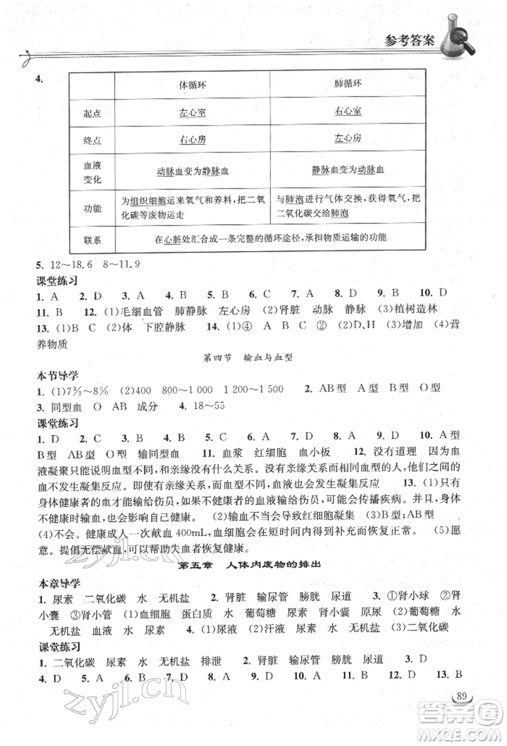 湖北教育出版社2022長(zhǎng)江作業(yè)本同步練習(xí)冊(cè)七年級(jí)生物學(xué)下冊(cè)人教版參考答案