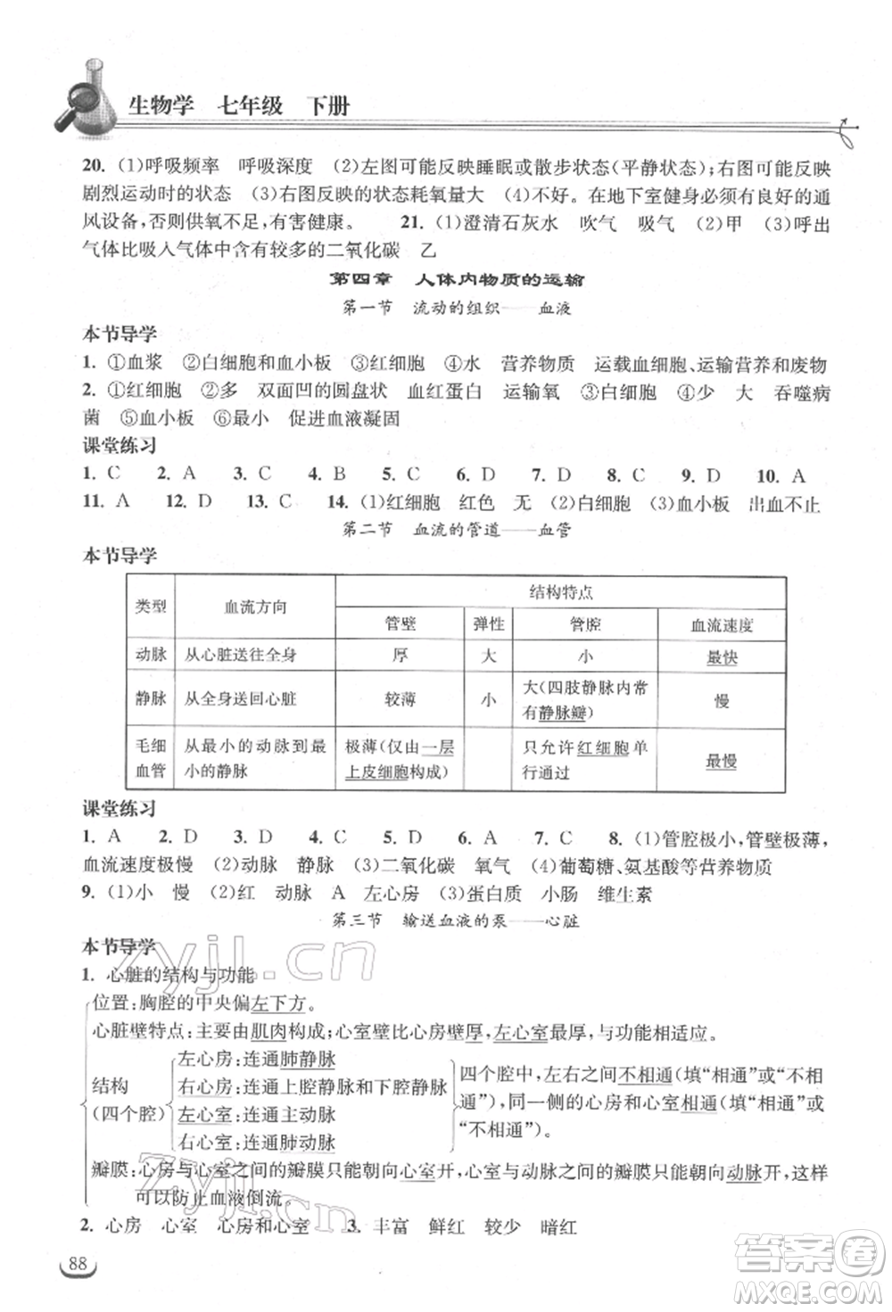 湖北教育出版社2022長(zhǎng)江作業(yè)本同步練習(xí)冊(cè)七年級(jí)生物學(xué)下冊(cè)人教版參考答案