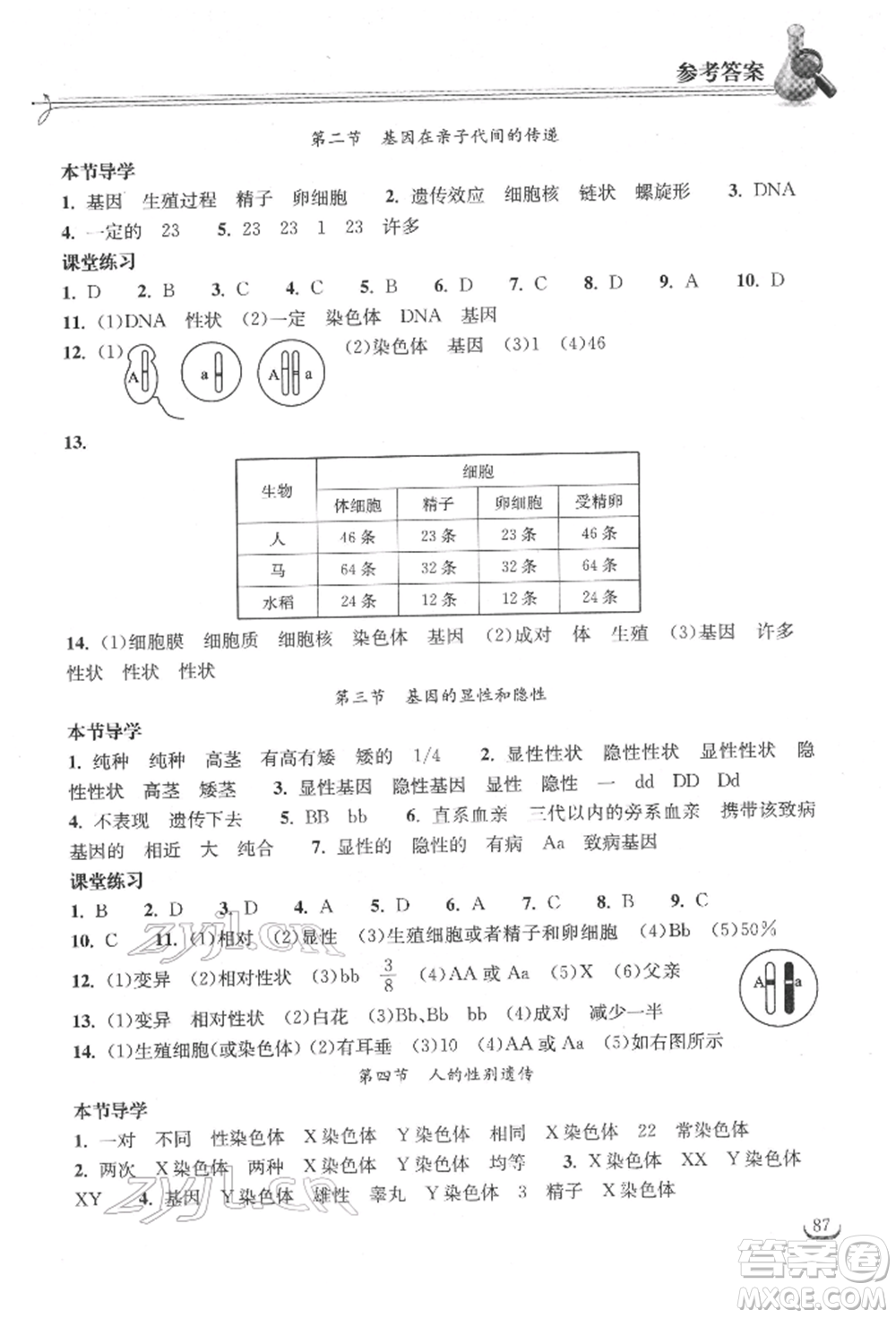 湖北教育出版社2022長江作業(yè)本同步練習(xí)冊八年級(jí)生物學(xué)下冊人教版參考答案